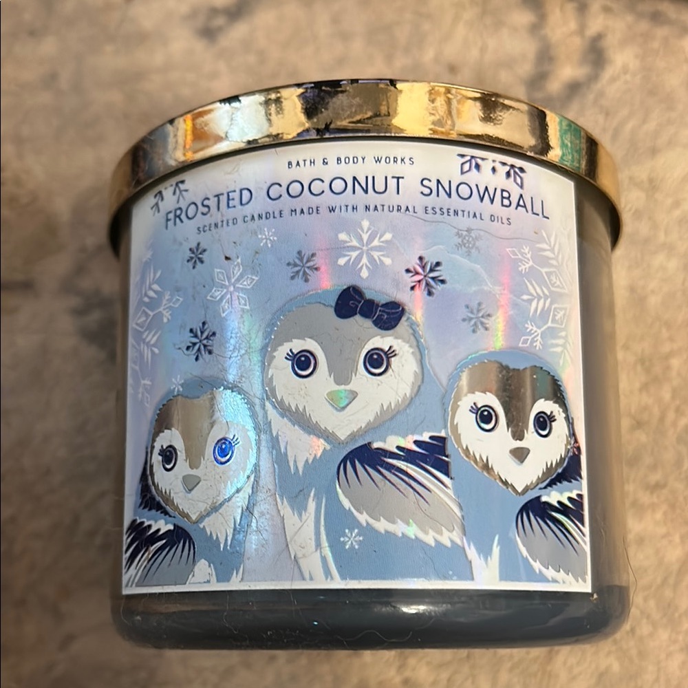 Bath & Body Works Frosted Coconut Snowball Candle with Blue and Silver Accents